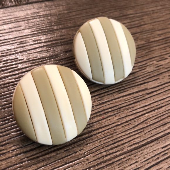Round Striped Olive & Ivory Button Earrings - Picture 2 of 9